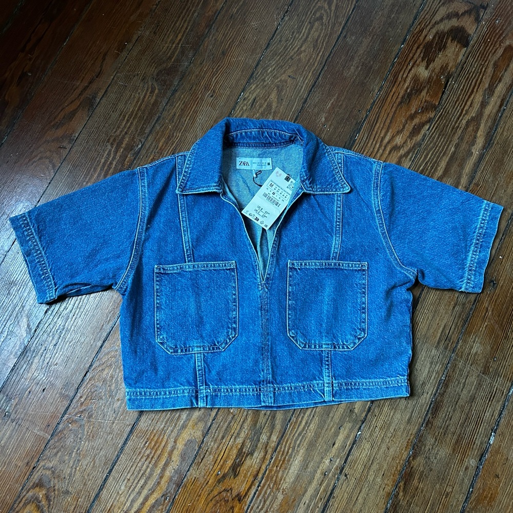 Zara Blue Cropped Denim Shirt with Patch Pockets